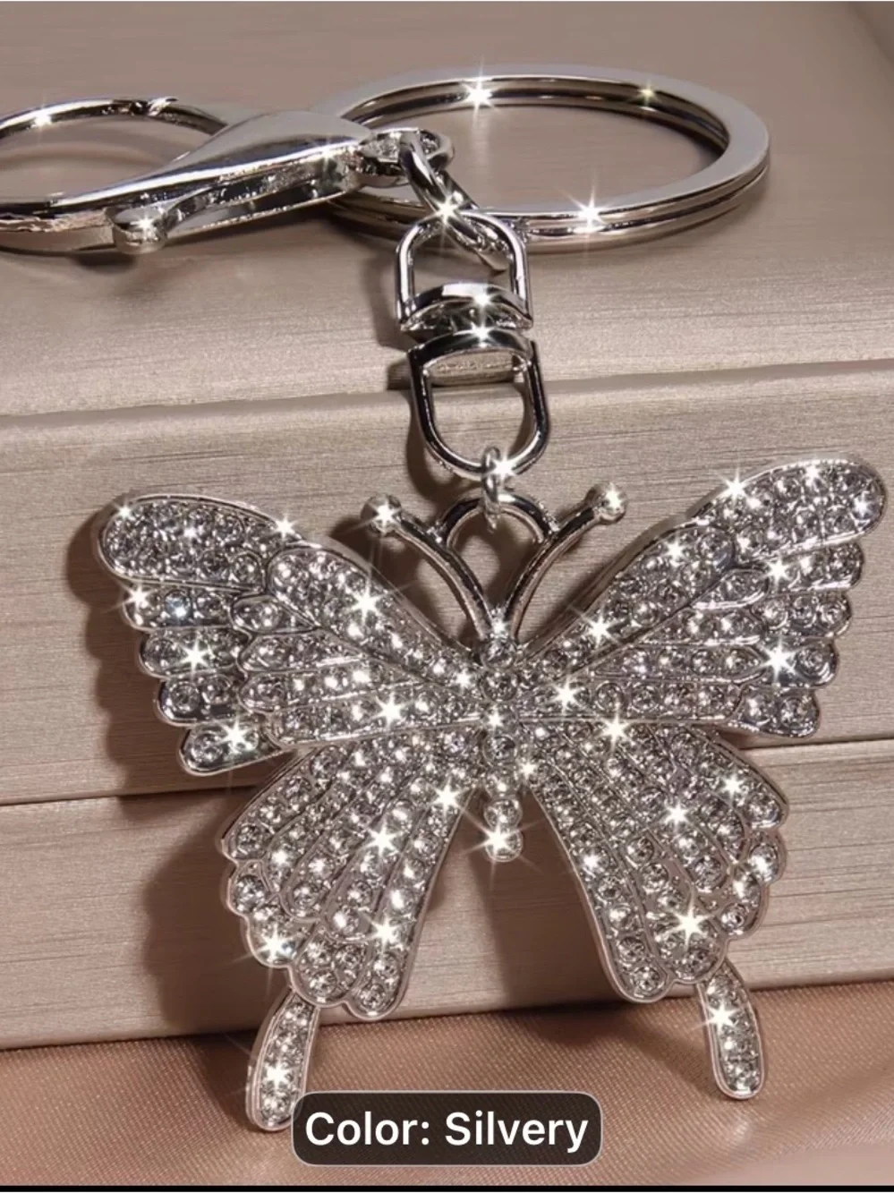 Silvery Crystal Butterfly Keychain Key &  Holder Charm